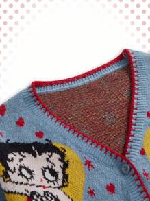 Betty Boop | ROMWE 加大码 Y2K 心形和星星贝蒂图案开衫 - 藍色 - 查看 3