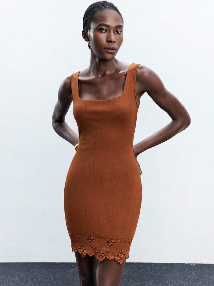 SHEIN Maija Damen Kleid mit quadratischem Ausschnitt, breiten Trägern, ärmellos und besticktem Saum, urbaner minimalistischer Business-Lässig eleganter Partykleid