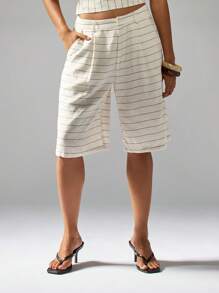 MISSGUIDED Striped Bermuda Tailored Linen Feel Shorts Mid Rise Pleated Knee Length Summer Resort Wear Walking Casual Beach Vacation Bottoms - Apricot - View 6