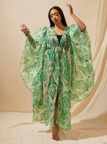 Vixey Kimono de gasa estampada con mangas anchas y abiertas, cintura con cordón - Rojo y negro - Ver 4