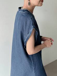 FRIFUL 女式深V领蝙蝠袖短袖宽松休闲牛仔连衣裙