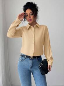 Elenzga Camisa feminina casual/de trabalho, de cor sólida, manga comprida, abotoamento simples - Caqui - Ver 3