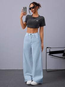 Jeanoix Solid Wide Leg Jeans - Light Wash - View 7