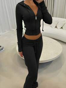 INAWLY Women Solid Color Zip Front Hoodie & Flared Pants Casual Tracksuit Fall Cloth For Women - Black - View 3