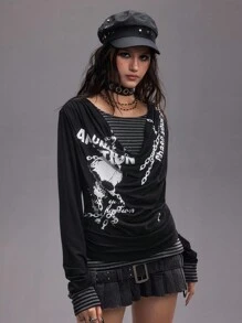 ROMWE EDITION Collegiate Skull Chain Letter 2 In 1 Layered Draped Neck Striped Women Long Sleeve Knit Sweater - Multicolor - View 6