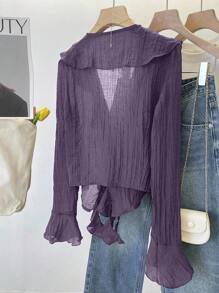 INAWLY Women's Spring/Autumn V-Neck Knotted Ruffle Trim Long Sleeve Blouse, Textured Fabric Fall Cloth For Women - Purple - View 2