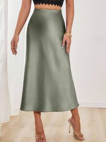 SHEIN PETITE Women's Elegant Versatile Satin Skirt Olive Green Skirt Sage Green Skirt Women's Elegant Versatile Satin Skirt Midi Skirt Elegant Skirt Fall Cloth For Women - Green - View 4