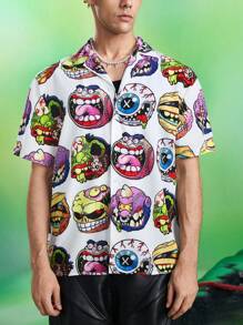 MADBALLS X SHEIN Men's Casual Cartoon Print Button Front Short Sleeve Shirt, Summer - White - View 4