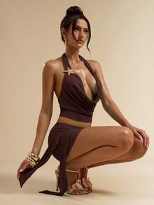 SHEIN BAE Bộ 2 món áo ba lỗ cổ khoét sâu gợi cảm và chân váy mini cạp trễ, bộ lưới gợi cảm 2 món, bộ đồ đi biển 2 món, trang phục lễ hội âm nhạc - Cà phê nâu - Xem 7