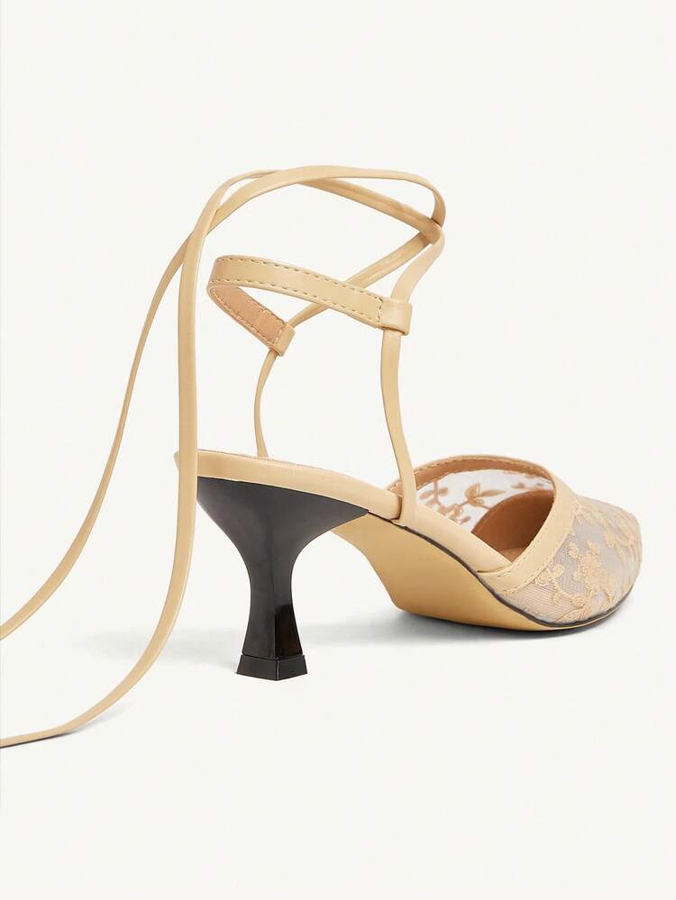 CUCCOO CHICEST Women's Floral Embroidered Lace Ankle Strap Pointed Toe Stiletto Heel Mid-Heel Elegant Romantic Vintage Court Shoes, Champagne Mesh, Ankle Strap, Lace-Up, Suitable For Afternoon Tea, Date, Party, Wedding, Halloween, Christmas, Thanksgiving, Valentine's Day, Birthday