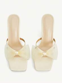 CUCCOO CHICEST Tacones de salón elegantes y cómodos con lazo decorativo y punta cuadrada de malla, de tacón medio, apropiados para el trabajo, el trayecto, citas, fiestas y ocasiones formales - Beis - Ver 2
