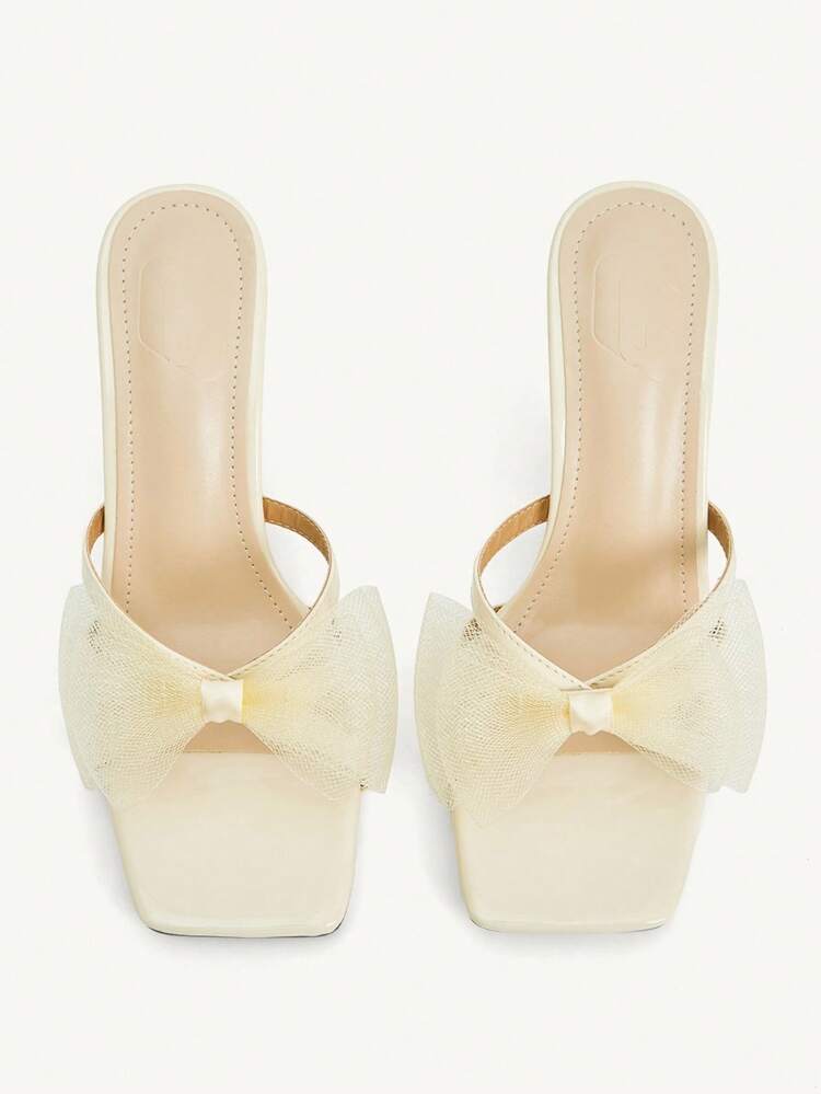 CUCCOO CHICEST Beige Bow Decor Mesh Square Toe Stiletto Mid Heel Elegant Casual Comfortable Slip-On Pumps, Suitable For Work, Commute, Date, Party, Formal Occasions