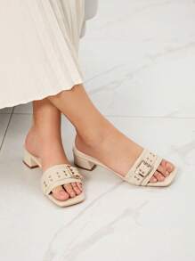 Rosivie Giày sandal gót vuông dày cho nữ có khóa trang trí - Màu be - Xem 5