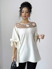 Selianne Blusa elegante francese a mantella con collo rotondo con spacchi e fiocco, in rete 3D floreale semi-trasparente, di colore albicocca, ampia e lusinghiera - Albicocca - Visualizzare 4