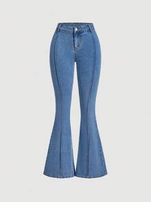 SHEIN MOD 女式休闲日常水洗褶皱喇叭牛仔裤 - 藍色 - 查看 2