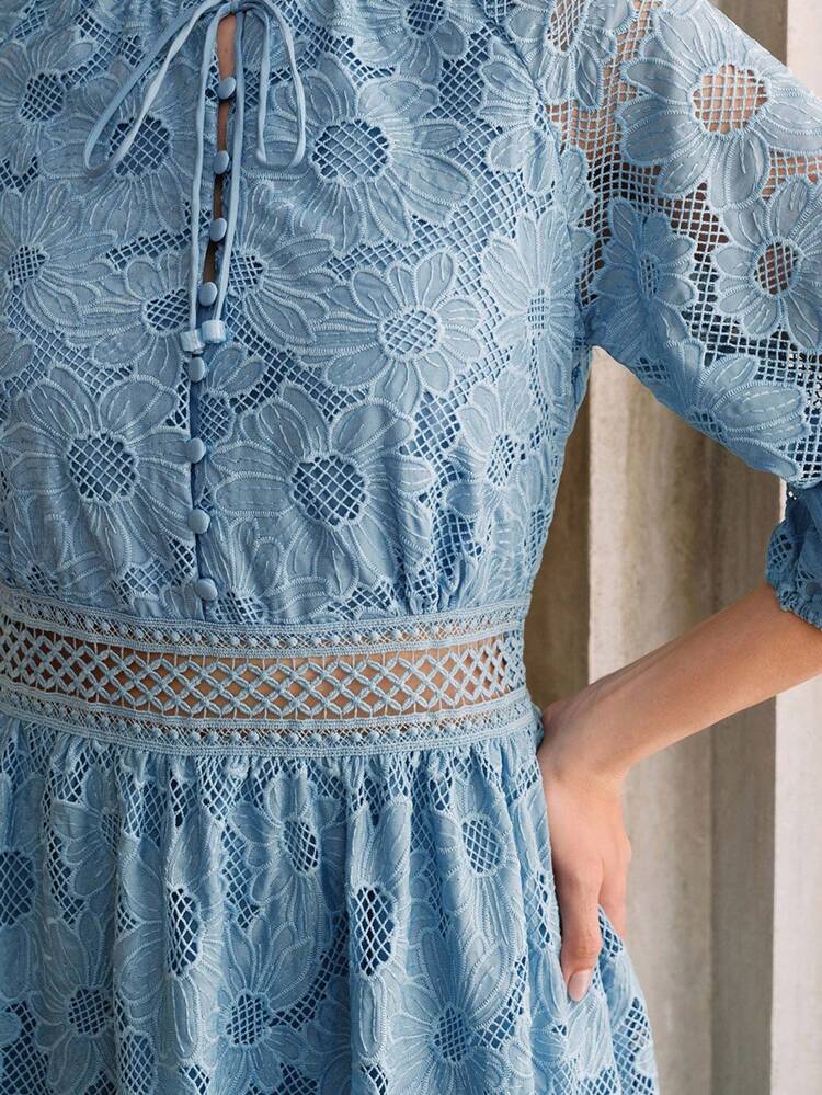 French Elegant Lace-Up Lace Hollow Out 3/4 Sleeve Dress For Women, Elegant Office Dress, Western Outfits For Women, Boho Women's Clothing