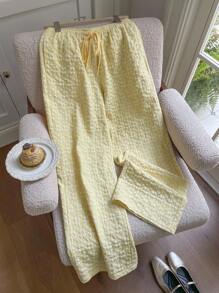 SHEIN EZwear 黄色抽绳腰休闲百搭女裤 - 黃色 - 查看 2