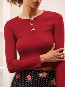 lacRébo Red Fitted Long Sleeve Top With Mini Pink Satin Bows And Open Chest Detail Fall Women Clothes Top Spring Summer  New Year Top - Red - View 5