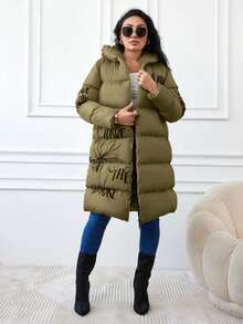 SHEIN Cottnline Plus Size Women'S Hooded Padded Coat With Letter And Flower Print - Army Green - View 5