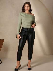 Chikora Plus Size Women Solid Color Asymmetric Neck Ruched Top, Suitable For Commuting, Sage Green Top Office Work Classy Elegant Top - Green - View 7