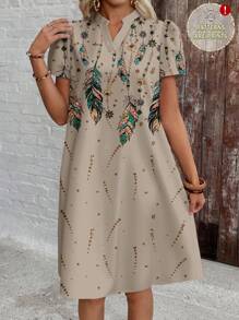 EMERY ROSE 大码女式度假闪光羽毛印花V领短袖连衣裙