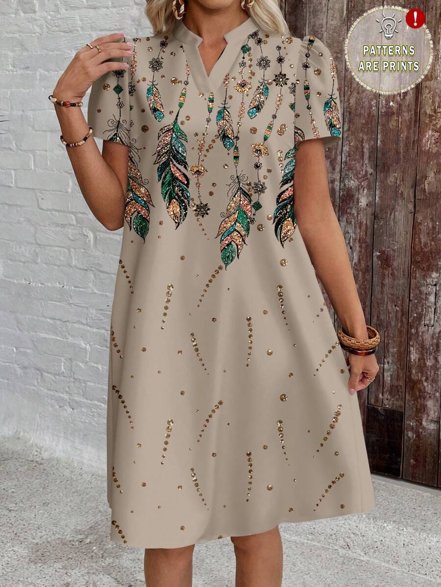 EMERY ROSE 大码女式度假闪光羽毛印花V领短袖连衣裙