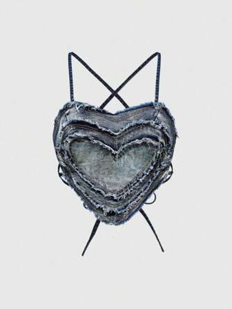 Grunge Punk Y2K Sexy Strapless Heart Tassel Denim Crop Top