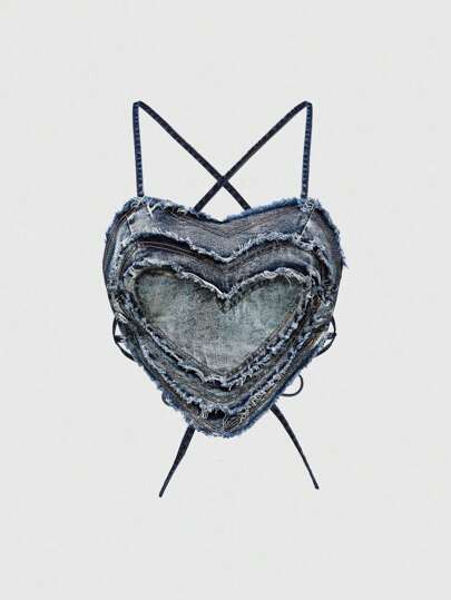 Grunge Punk Y2K Sexy Strapless Heart Tassel Denim Crop Top