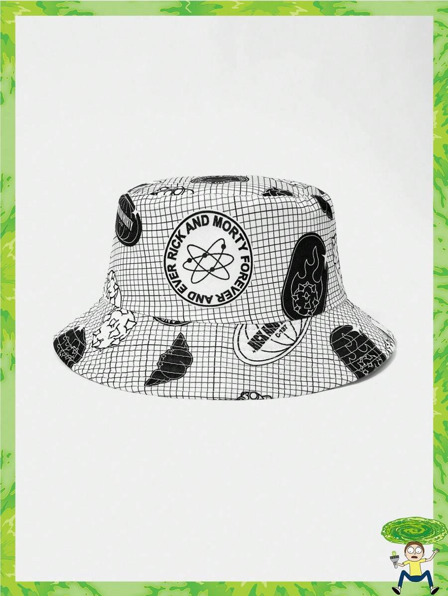Rick and Morty X SHEIN Letter & Cartoon Figure Graphic Reversible White Fashion Bucket Hat - White - View 1