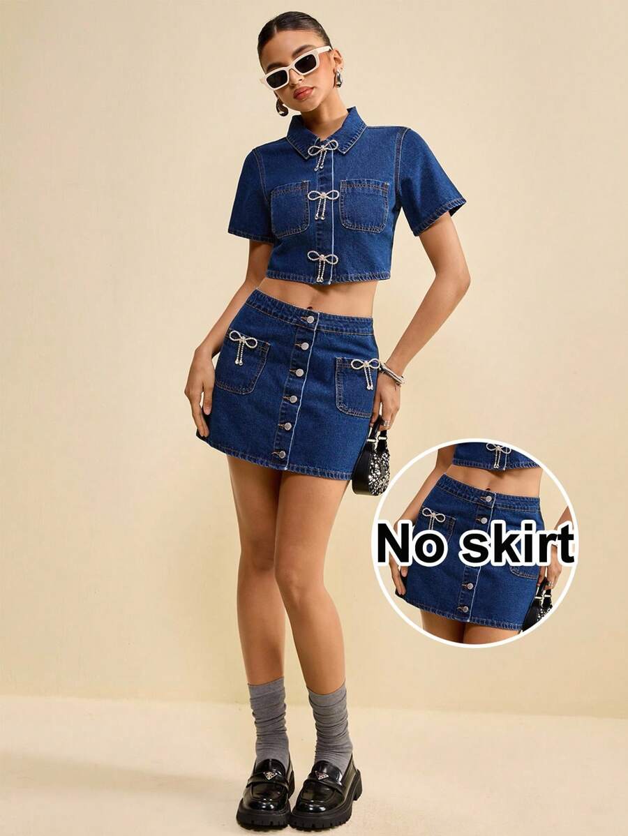 Muvela Women's Blue Denim Jacket, Elegant Bow-Knot Diamond-Decorated Short-Sleeved Shirt, Cotton-Containing French Top Date Night Outfits Women - Medium Wash - View 1