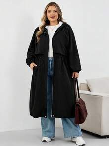 SHEIN CURVE+ Áo khoác trùm đầu dài tay raglan màu trơn cỡ lớn dành cho nữ, dáng rộng, có dây rút, eo cao, thường ngày, mùa đông/thu/đông - màu đen - Xem 7