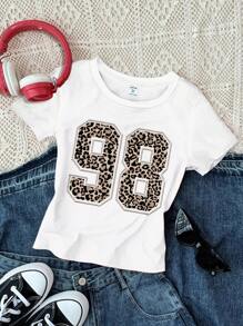 Áo thun cổ tròn dài tay thoải mái, ôm vừa vặn, họa tiết da báo, số 98 & 58, phong cách đường phố dành cho bé gái tuổi teen, thích hợp cho mùa hè - Nhiều màu - Xem 6