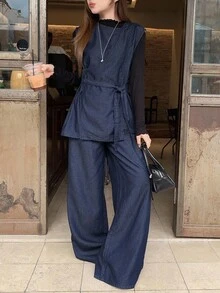 DAZY 女士日式无袖衬衫和宽松牛仔裤两件套，春秋 - 藍色 - 查看 6
