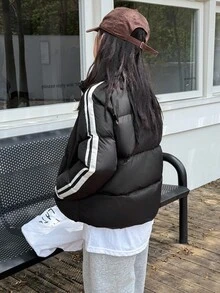 DAZY Abrigo acolchado de unicolor con bloques de color y rayas casual para niñas preadolescentes, invierno - Negro - Ver 2