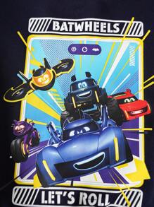 Batwheels X SHEIN 2 pièces/Set Sweat-shirt col rond motif de dessin animé pour jeune garçon et pantalon de survêtement à taille élastique - Bleu marine - Voir 7