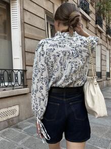 Pariaura Fall Women Clothes Ins French Retro Floral Print Long-Sleeved Shirt - Blue - View 3