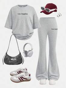 青少年女孩休闲日常灰色针织字母刺绣 T 恤和喇叭裤套装，秋季服装，返校灰色服装 - 灰色 - 查看 1