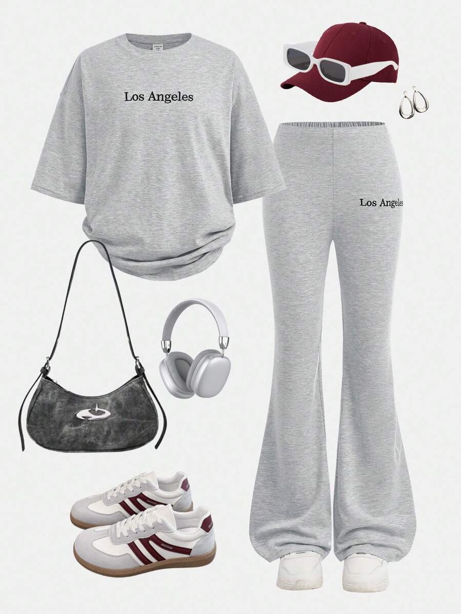 青少年女孩休闲日常灰色针织字母刺绣 T 恤和喇叭裤套装，秋季服装，返校灰色服装 - 灰色 - 查看 1