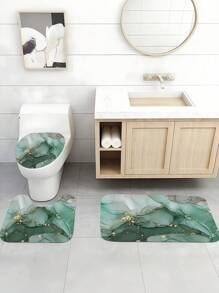 SHEIN Conjunto de banheiro de 1/4 peças, cortina de chuveiro impermeável com padrão de mármore verde, conjunto de decoração de banheiro de luxo moderno, acessórios de decoração de banheiro para 4 estações, tapete de banho antiderrapante, tapete em formato de U e tampa de vaso sanitário redonda para todos os cenários. Acessórios de banheiro de verão - Multicolorido - Ver 8