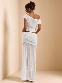 SHEIN BAE Conjunto de 2 piezas para mujer compuesto por top de encaje de red textura de ganchillo de color bliso sólido y falda larga transparente de cintura baja, adecuado para playa, vestido de verano, vestido blanco, vestido para brunch, vestido elegante - Albaricoque - Ver 2