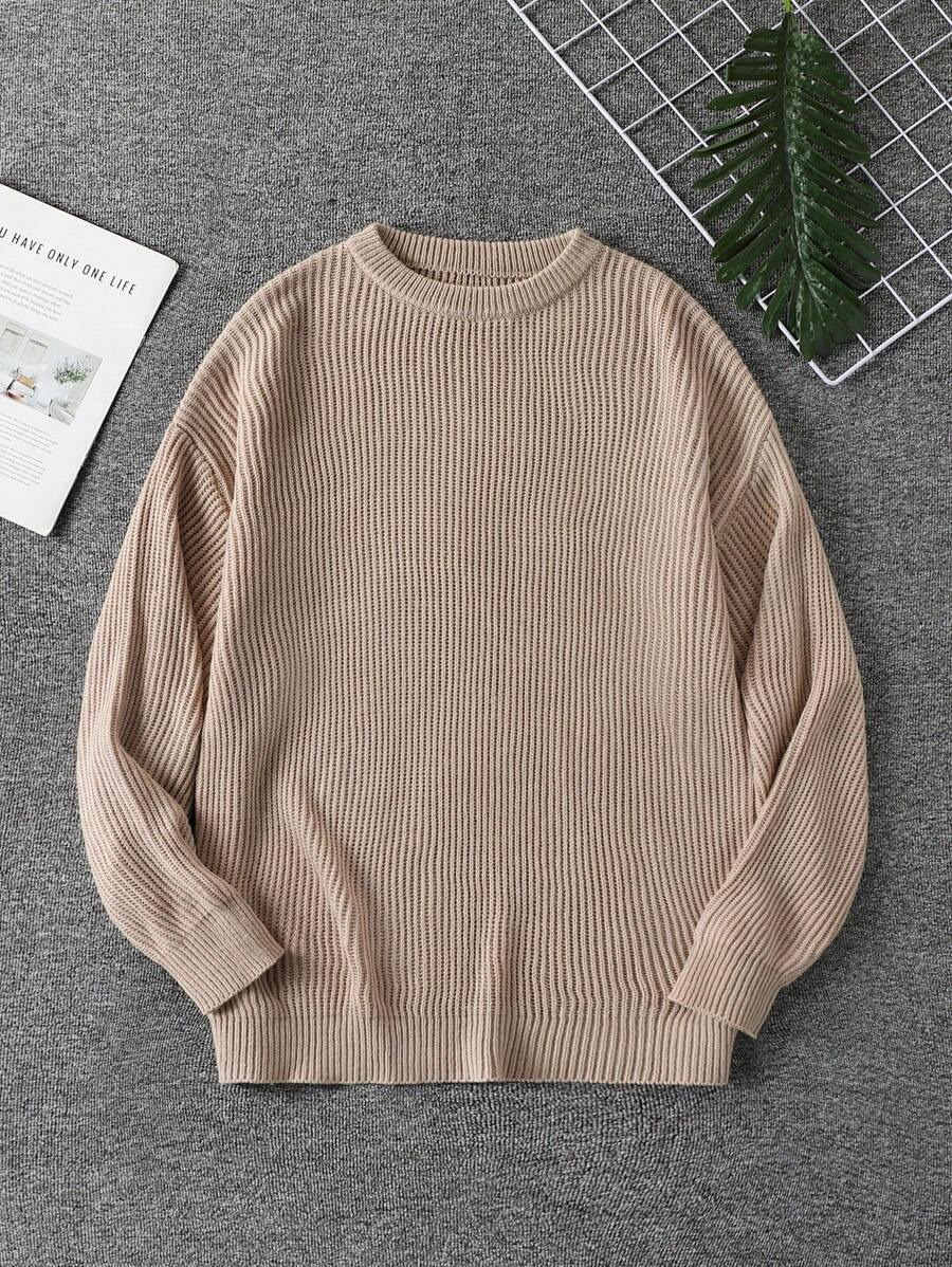 Sweter z prążkowanej dzianiny w jednolitym kolorze dla chłopców, swobodny, z okrągłym dekoltem - Morela - Zobacz 1