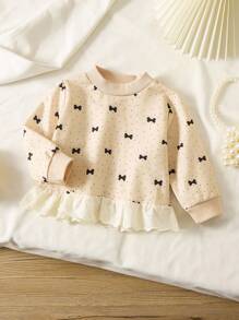 SHEIN Vintaside Kids 女婴时尚刺绣荷叶边下摆蝴蝶结印花运动衫 - 杏色 - 查看 5