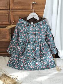 SHEIN Vintaside Kids 年轻女孩卡其色保暖内衬连帽双排扣时尚外套，适合日常休闲穿着 - 軍綠色 - 查看 4