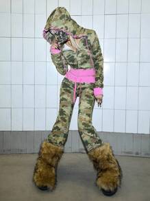 Paul Frank X ROMWE 2件套 Y2K Kpop 亚文化 Baddie 联名 Logo 迷彩印花刺绣卫衣和运动裤套装 - 彩色 - 查看 2