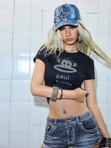 Paul Frank X ROMWE 女款 Kpop Y2K Baddie 亚文化休闲水钻装饰修身 T 恤 - 黑色 - 查看 4