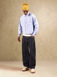 Camisa abotonada corta SUMWON con patrón de rayas, bolsillos parche, estilo de ropa de trabajo con doble bolsillo en el pecho, manga larga, ajuste holgado, uso casual, moda callejera de primavera y otoño, liso - Azul y blanco - Ver 8