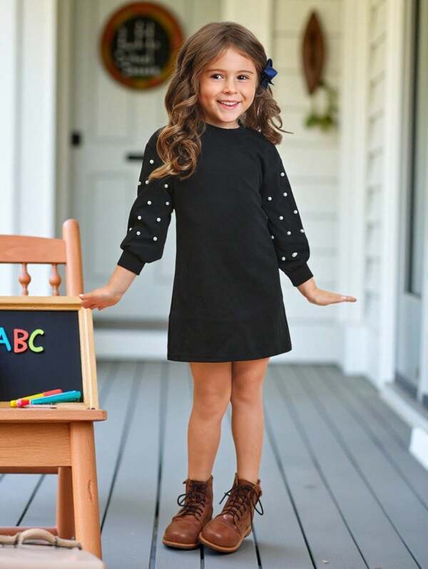 SHEIN Knitted Round Neck Young Girl Faux Pearl Beaded Lantern Sleeve Dress
