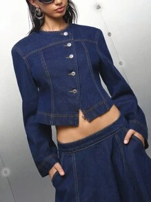 LYSMO 女士时尚通勤斜襟短款牛仔夹克