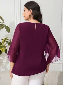 Reflora Áo cánh tay chuông màu trơn thanh lịch cỡ lớn dành cho người đi làm - Màu đỏ tím - Xem 2