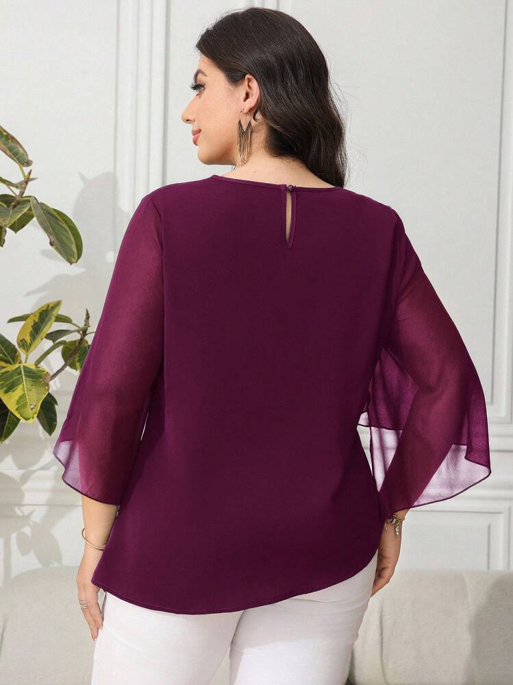 Reflora 大码优雅通勤纯色喇叭袖衬衫 - 中紫紅色 - 查看 2